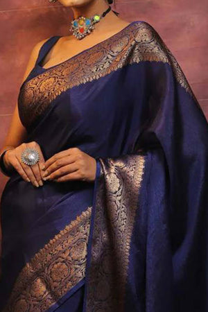 Navy Blue Floral Woven Lichi Banarasi Silk Saree