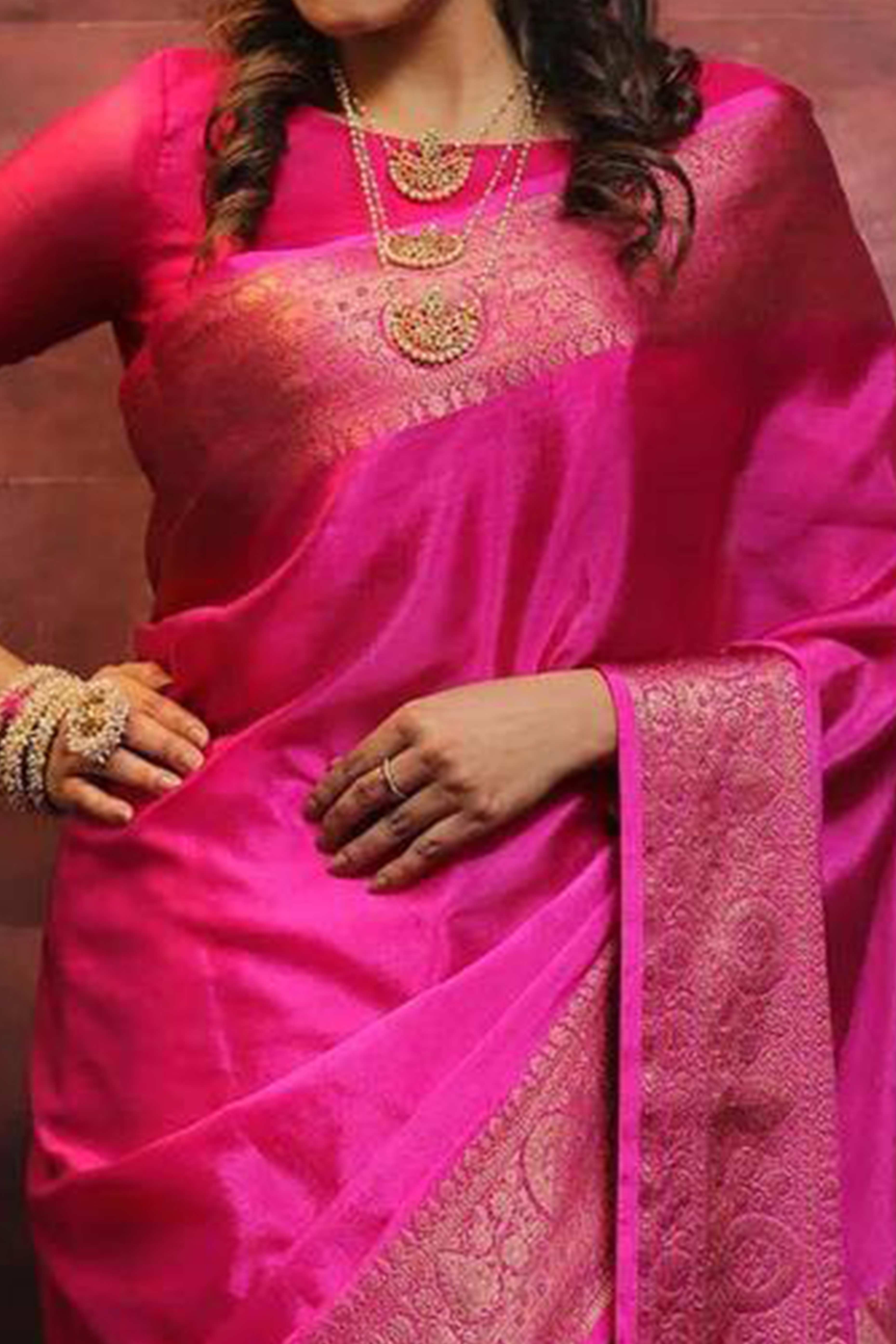Pink Floral Woven Lichi Banarasi Silk Saree