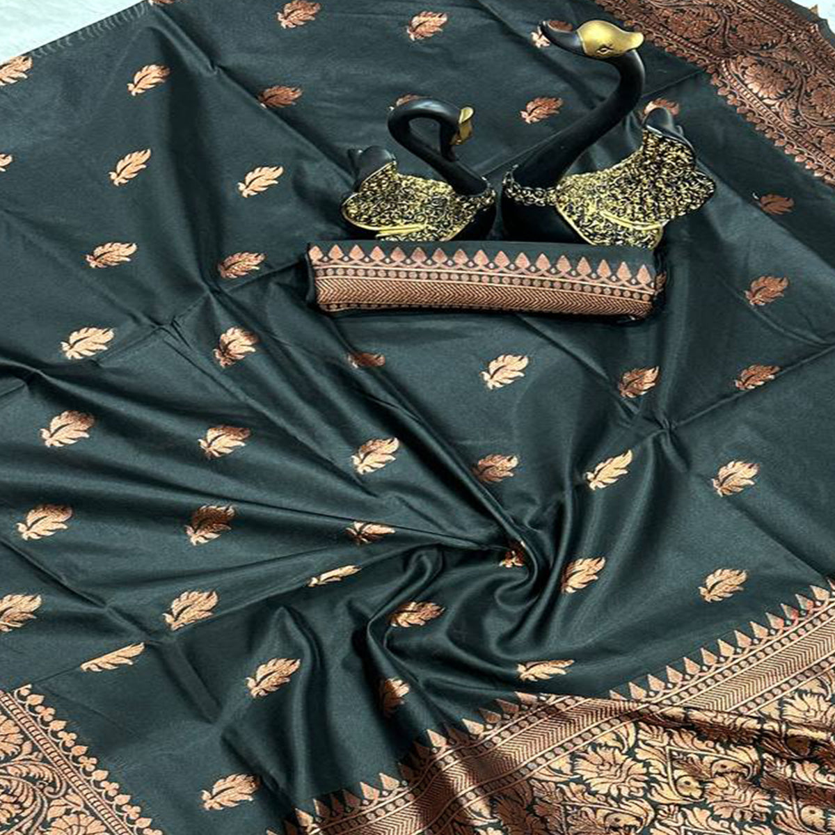 Black Organic Banarasi Silk Saree with Floral Zari Craftsmanship