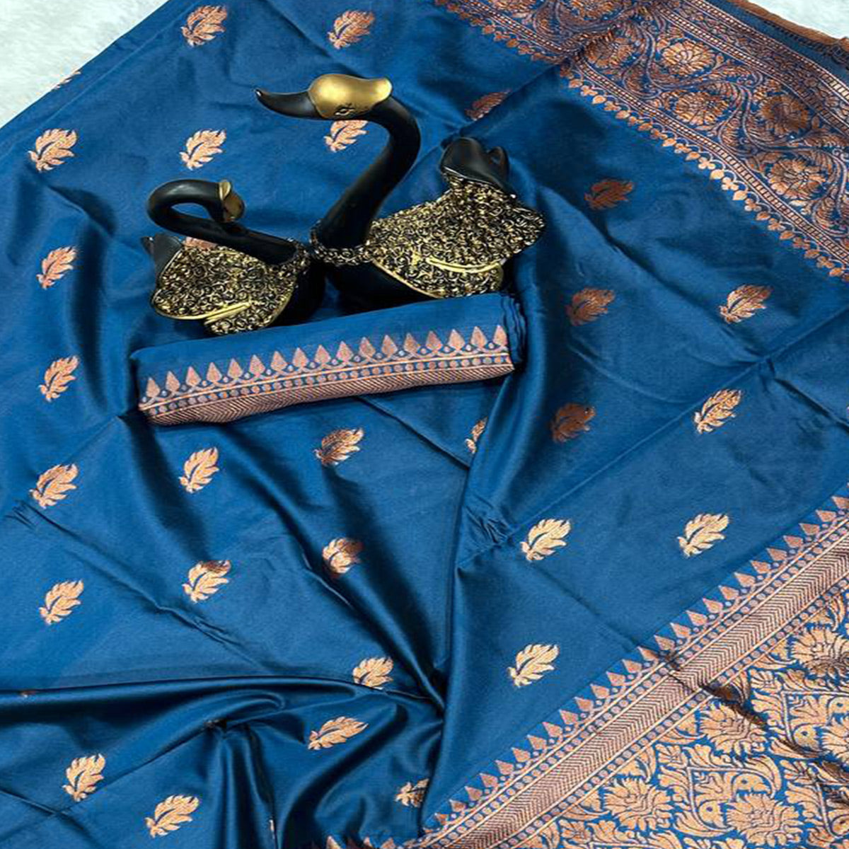 Blue Organic Banarasi Silk Saree with Floral Zari Elegance