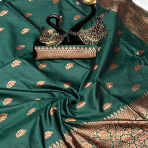 Green Organic Banarasi Silk Saree with Floral Zari Ornamentation