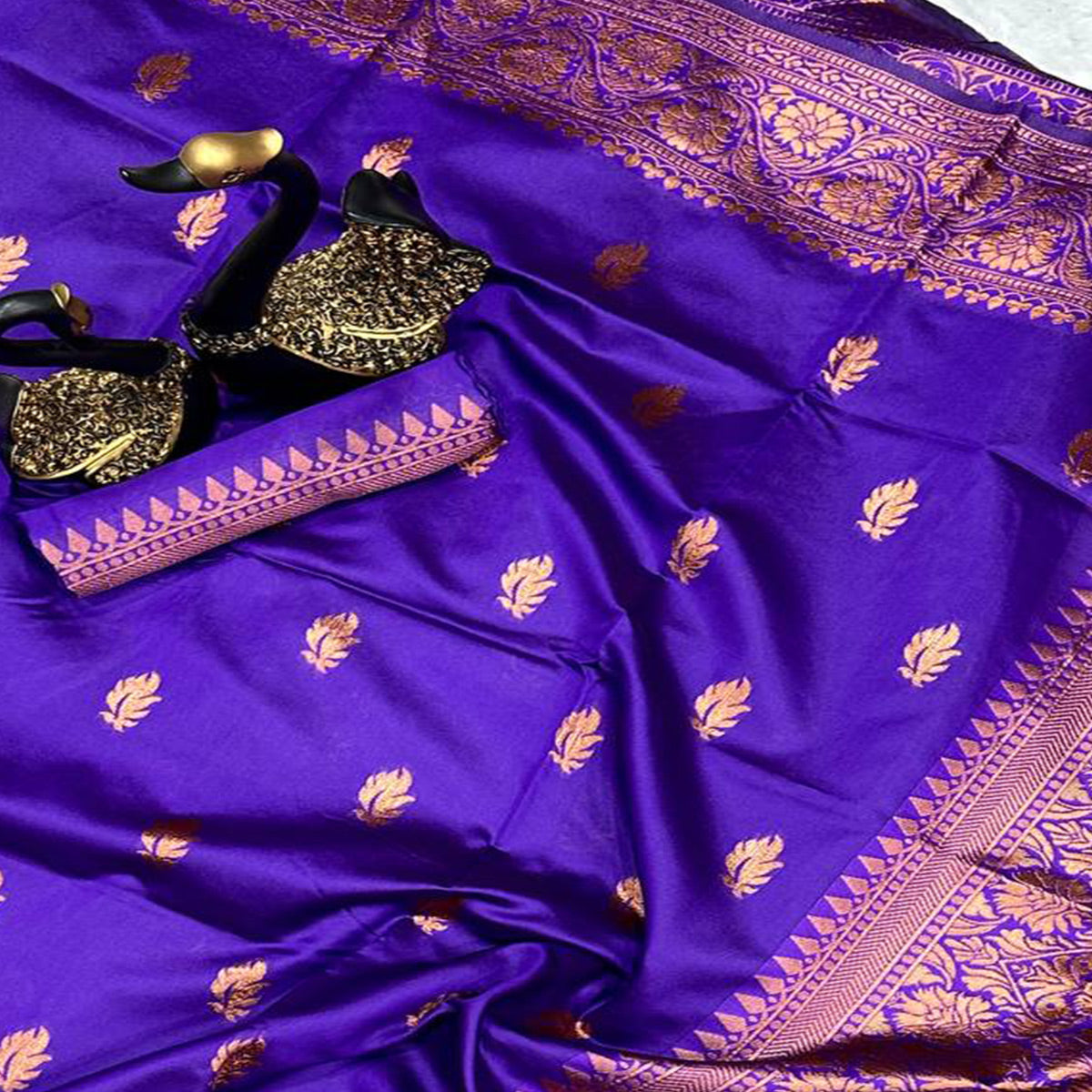 Violet Organic Banarasi Silk Saree with Floral Zari Detailing