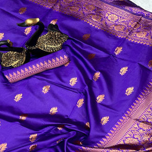 Violet Organic Banarasi Silk Saree with Floral Zari Detailing