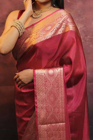 Regal Maroon Floral Zari Woven Lichi Banarasi Silk Saree