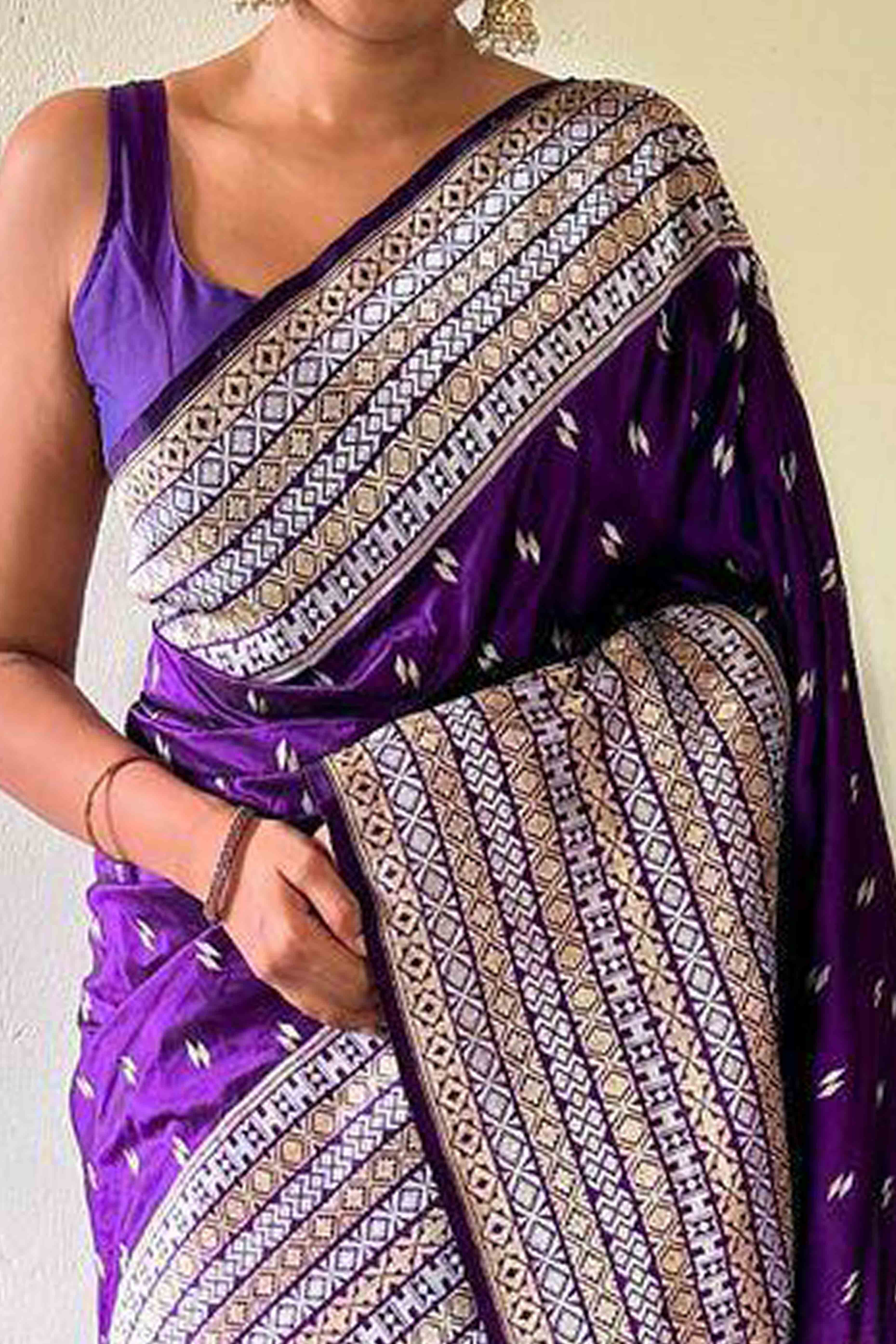 Violet Floral Woven Lichi Banarasi Silk Saree With Tassels