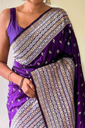 Violet Floral Woven Lichi Banarasi Silk Saree With Tassels