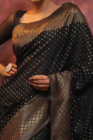 Black Floral Woven Lichi Banarasi Silk Saree