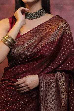 Maroon Floral Woven Lichi Banarasi Silk Saree