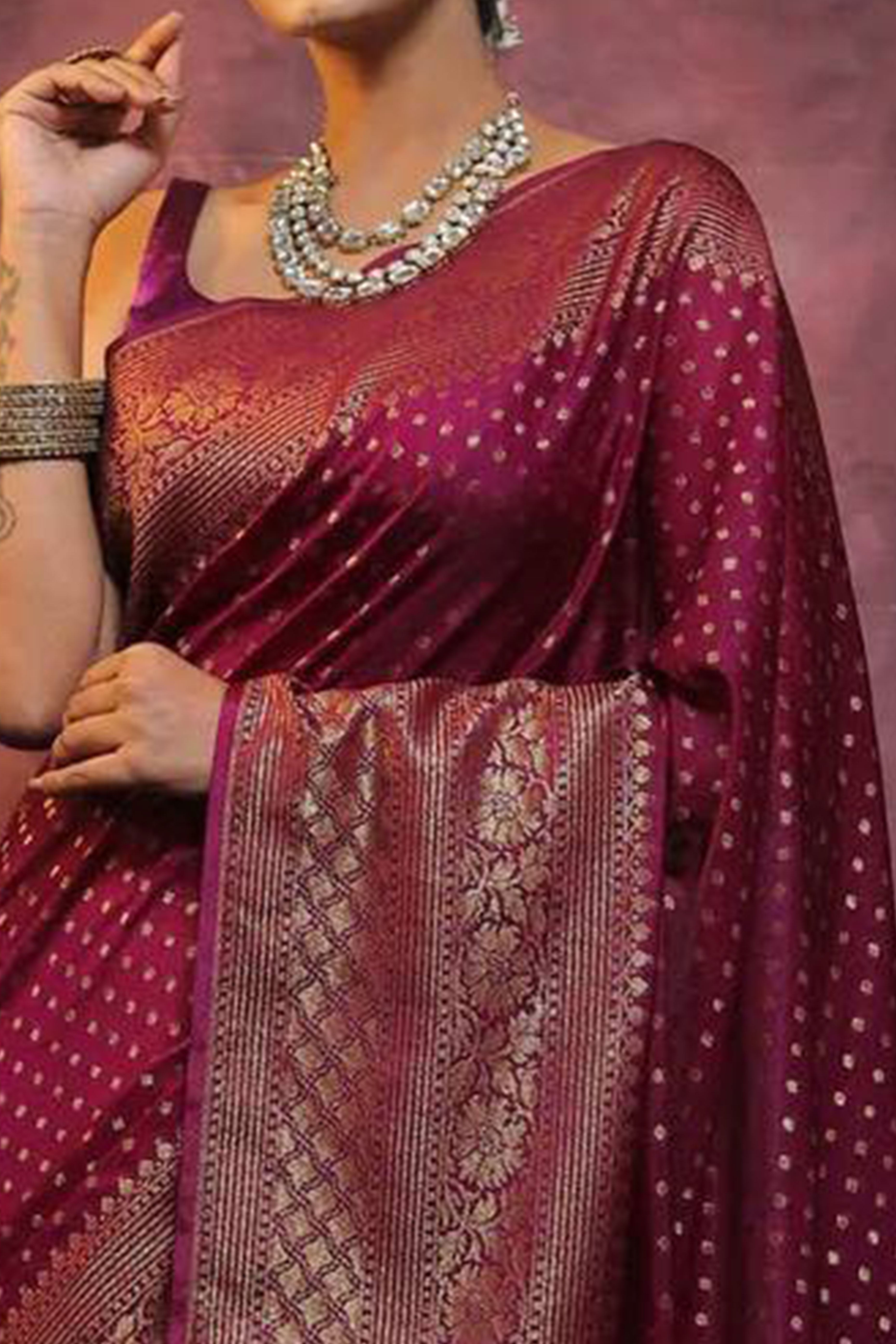 Wine Floral Woven Lichi Banarasi Silk Saree