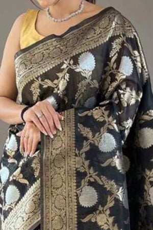 Black Floral Woven Cotton Silk Saree