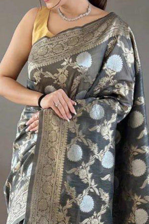 Grey Floral Woven Cotton Silk Saree