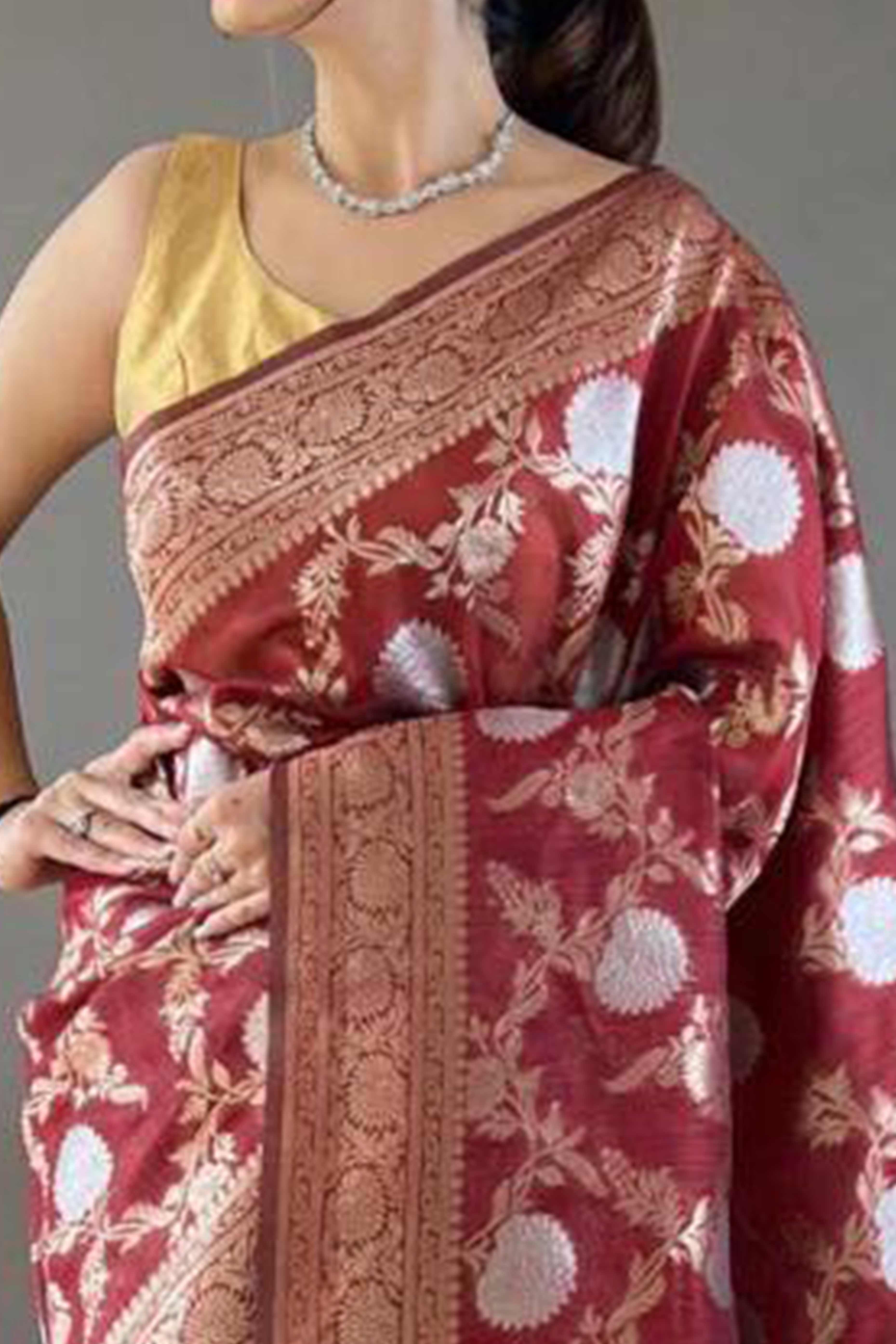 Maroon Floral Woven Cotton Silk Saree