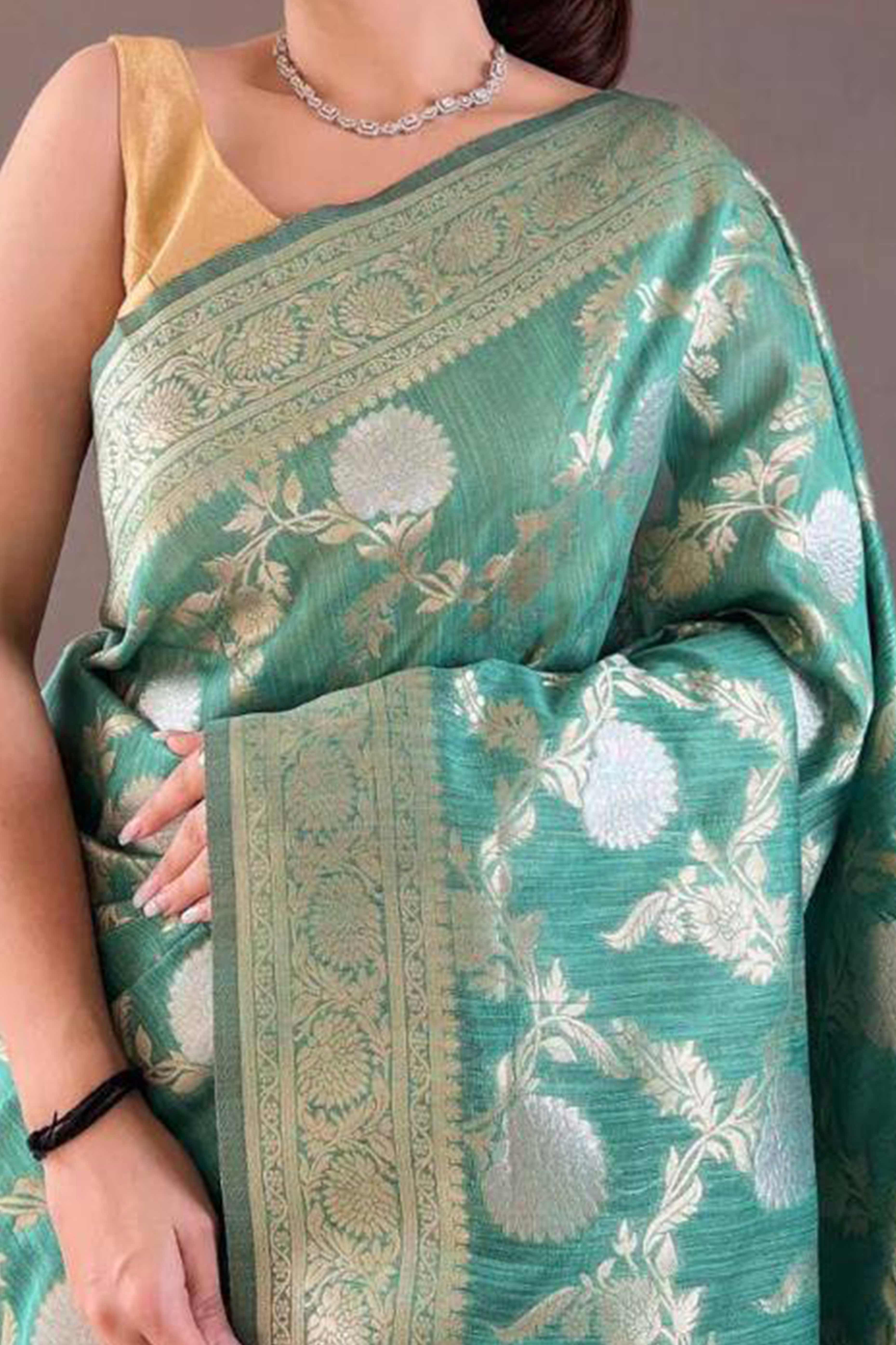 Rama Green Floral Woven Cotton Silk Saree