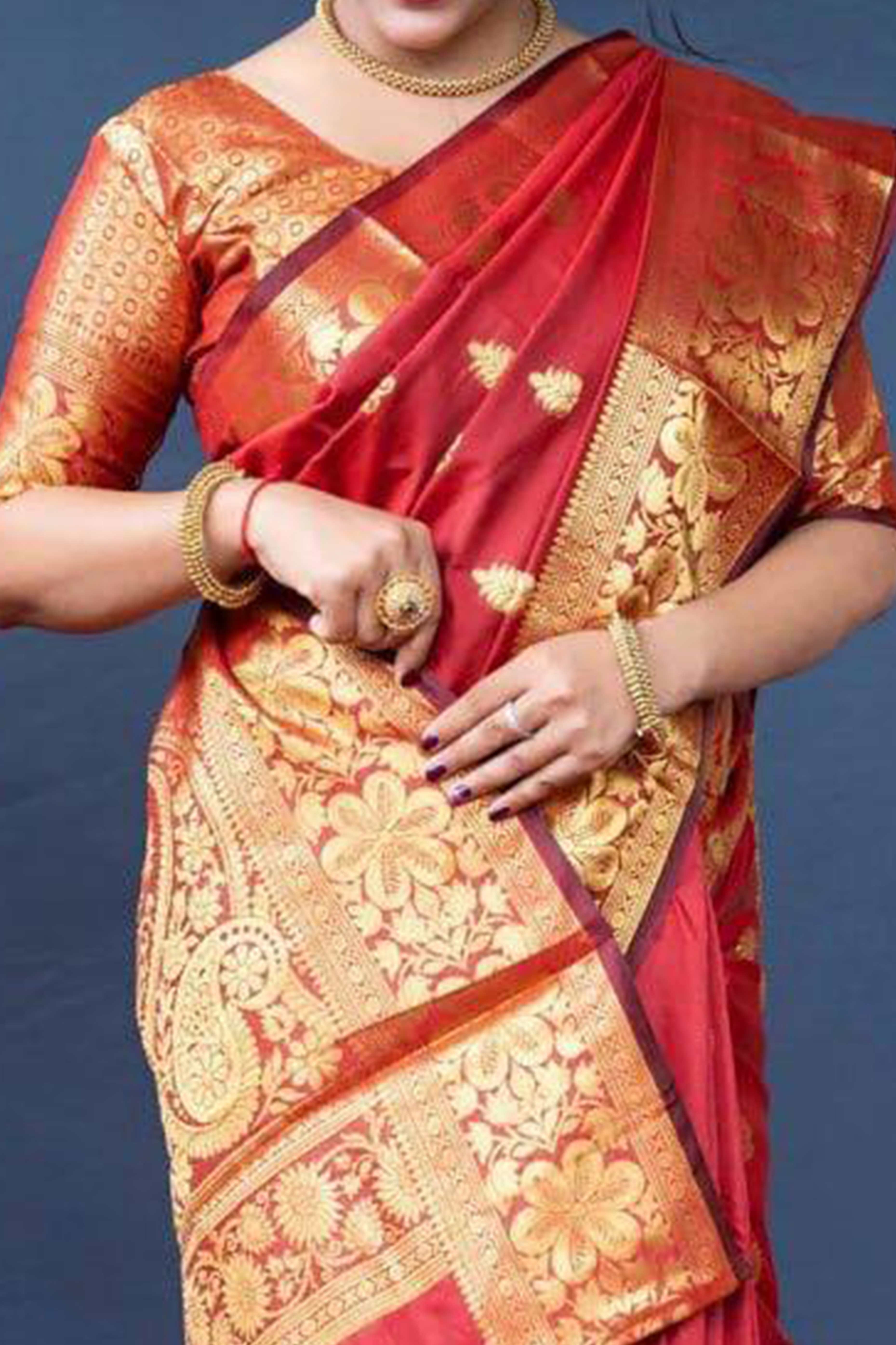 Red Banarasi Silk Saree With Intricate Zari Butti Weaving
