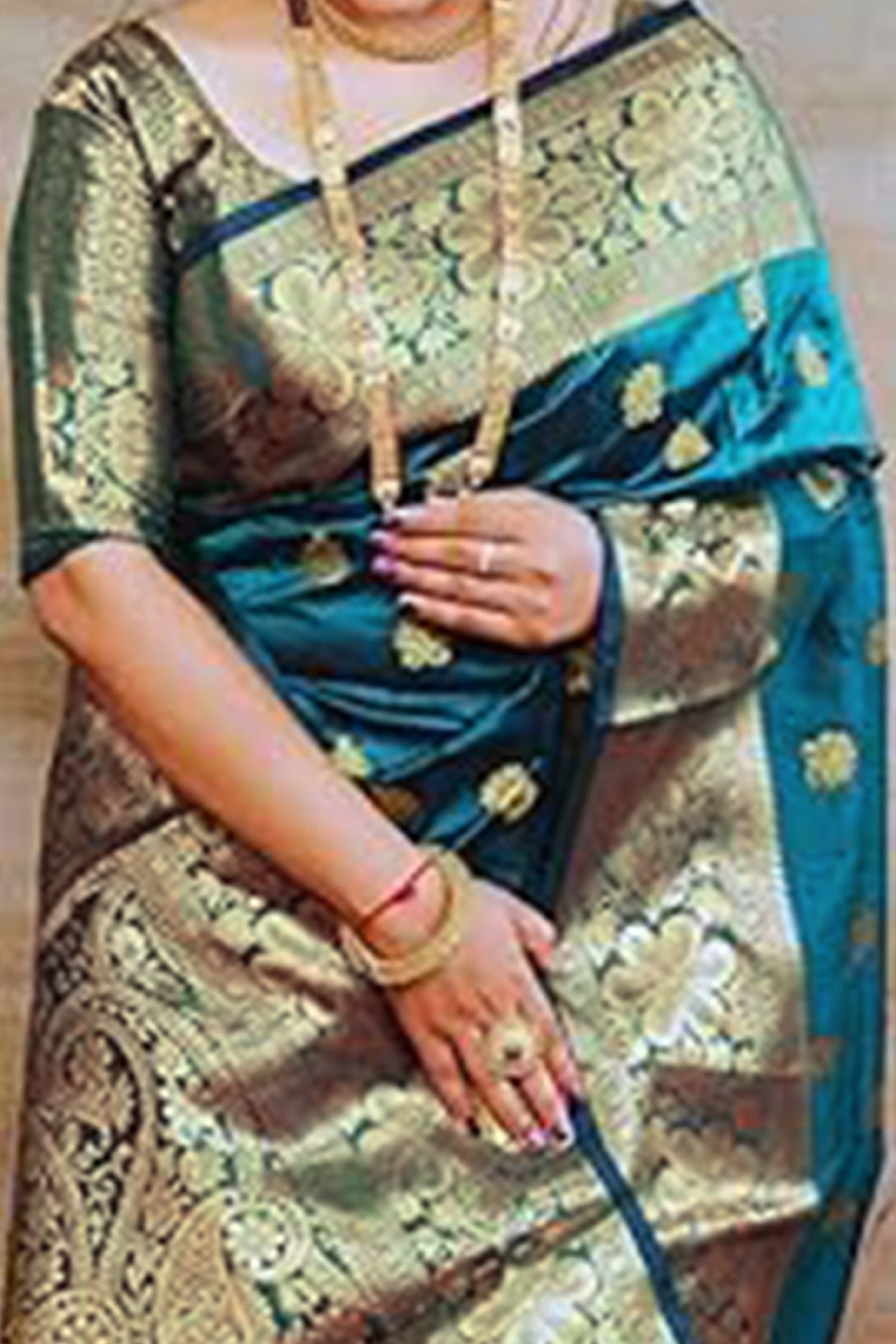 Teal Banarasi Silk Saree With Intricate Zari Butti Weaving