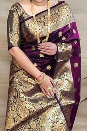 Wine Banarasi Silk Saree With Intricate Zari Butti Weaving