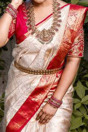 Off-White Banarasi Silk Saree With Delicate Zari Weaving For A Graceful Look