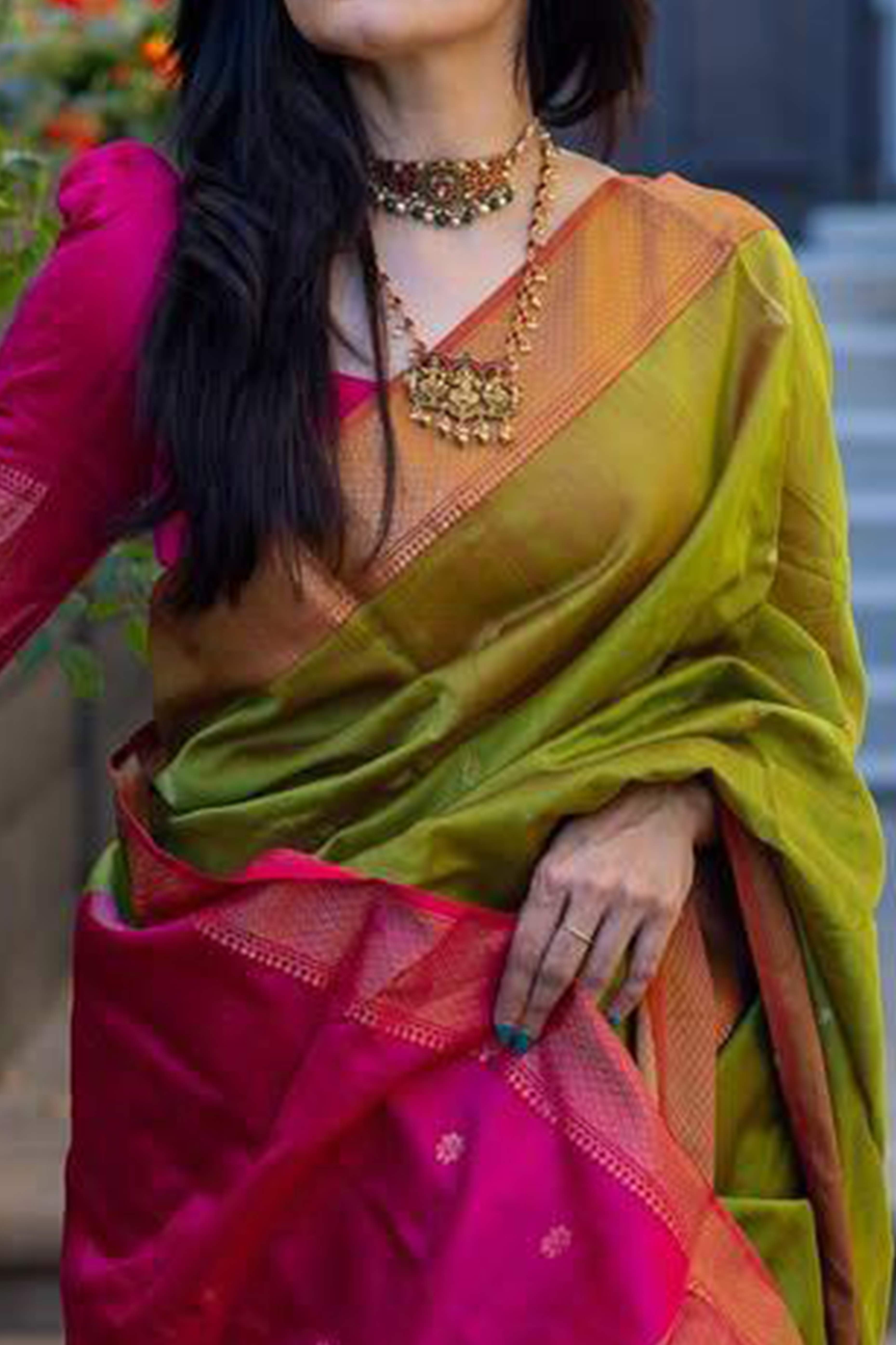 Green Floral Woven Lichi Banarasi Silk Saree