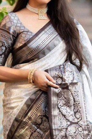 White Floral Woven Lichi Banarasi Silk Saree
