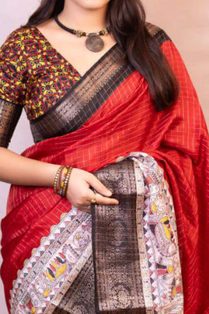 Red Printed With Zari Checks Dola Silk Saree