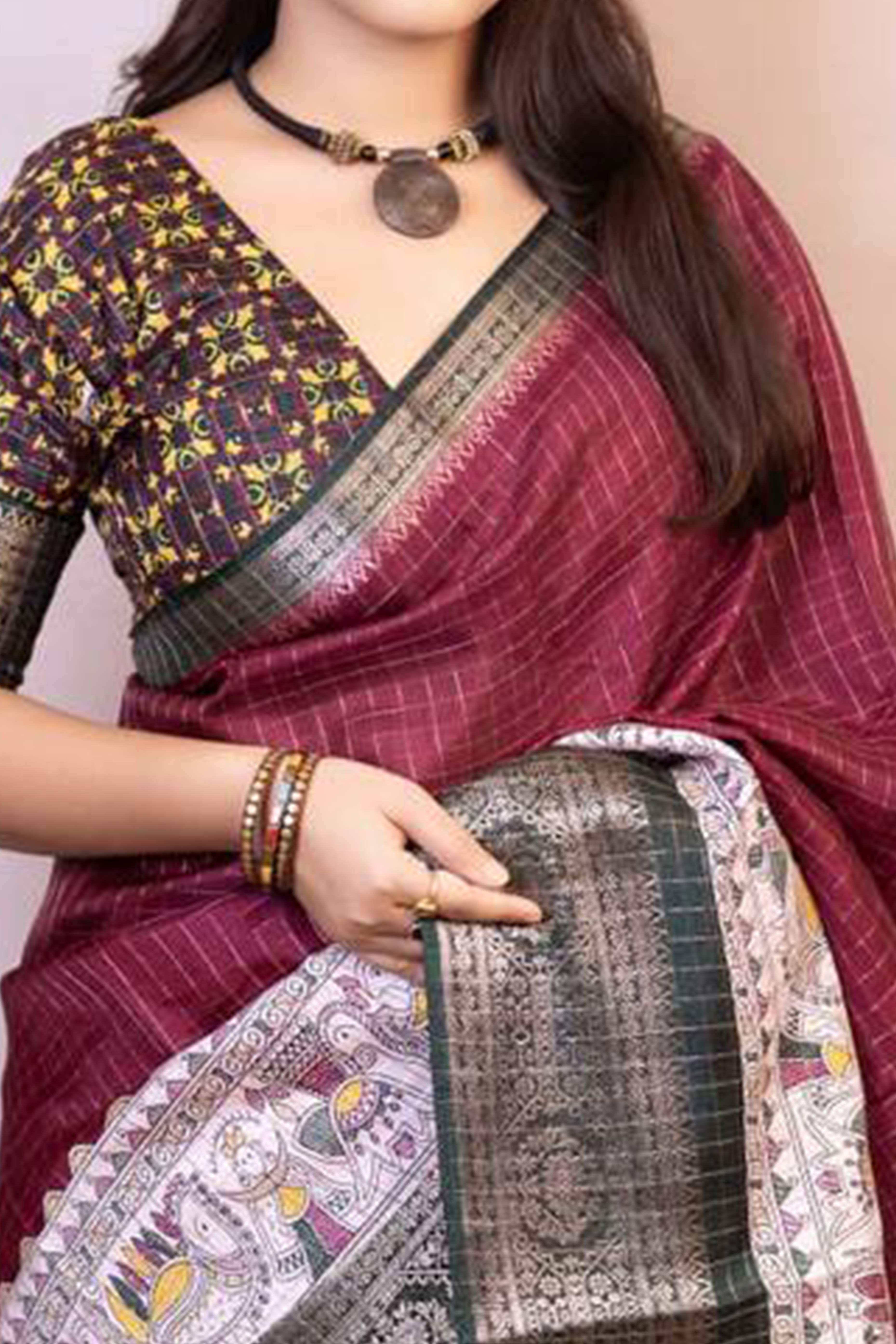 Wine Printed With Zari Checks Dola Silk Saree