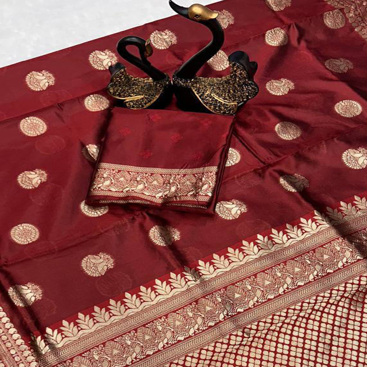 Maroon Floral Woven Lichi Banarasi Silk Saree