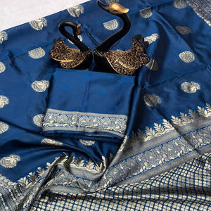 Morpich Blue Floral Woven Lichi Banarasi Silk Saree