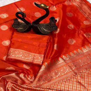 Orange Floral Woven Lichi Banarasi Silk Saree