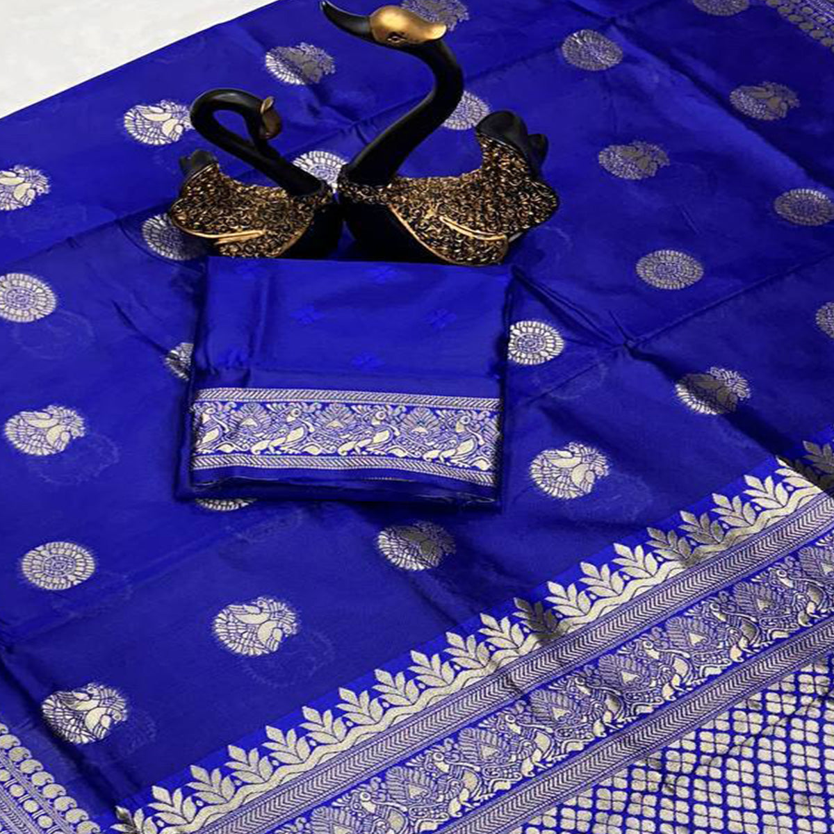 Royal Blue Floral Woven Lichi Banarasi Silk Saree