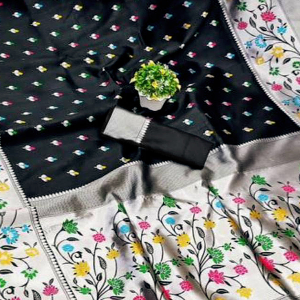 Festive Banarasi Silk Paithani Saree in Black Enhanced with Zari Weaving