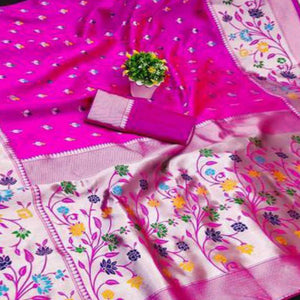 Festive Banarasi Silk Paithani Saree in Rani Pink Enhanced with Zari Weaving