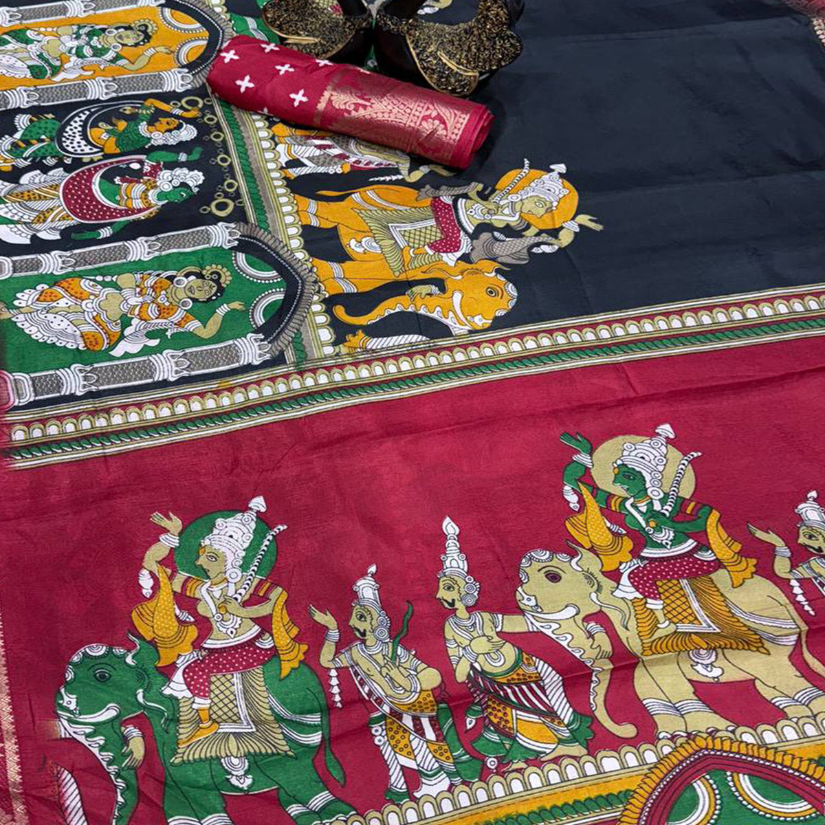 Black Mangalagiri Patterned Dola Silk Saree Accentuated with Gleaming Zari Borders