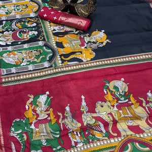 Black Mangalagiri Patterned Dola Silk Saree Accentuated with Gleaming Zari Borders