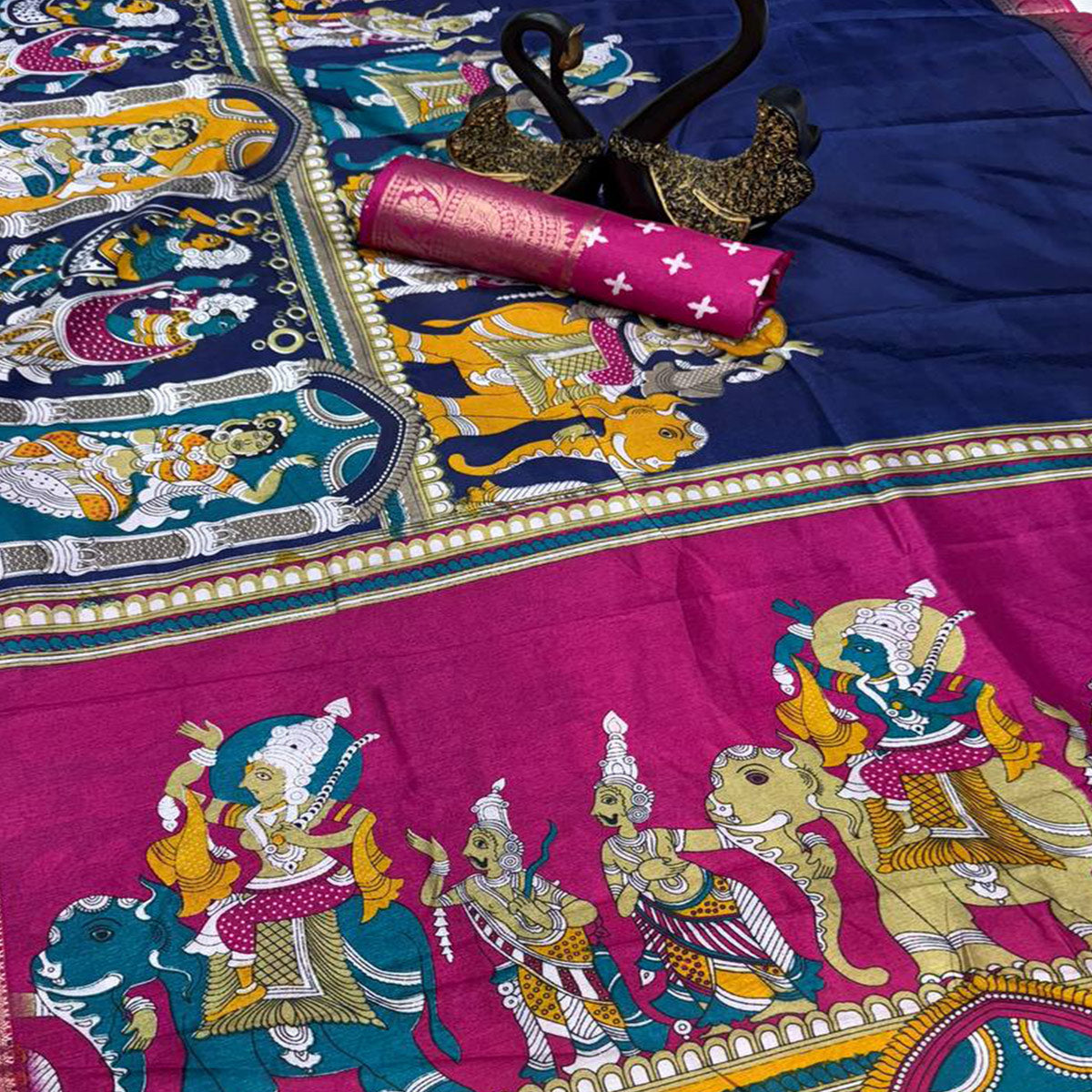 Blue Mangalagiri Patterned Dola Silk Saree Accentuated with Gleaming Zari Borders