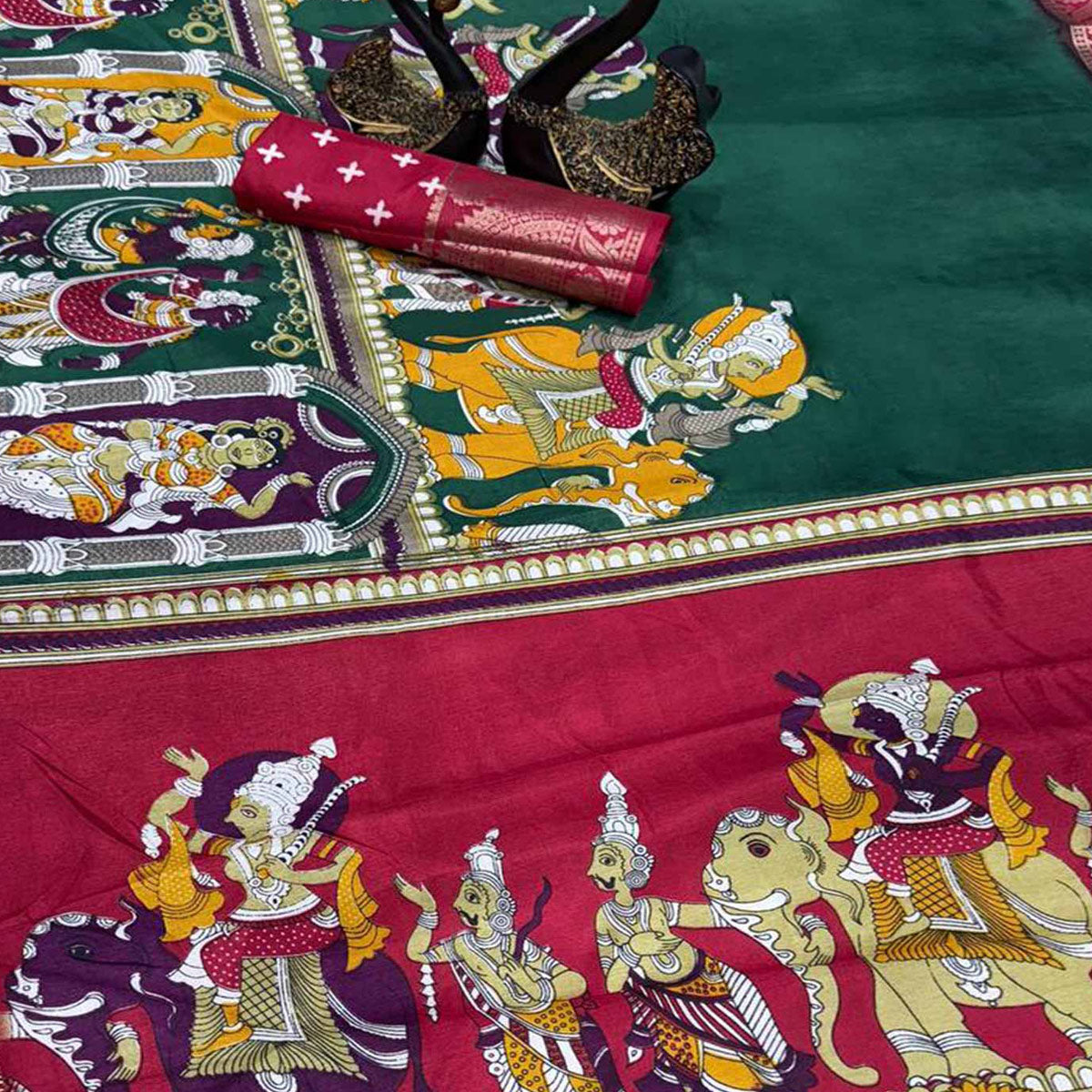 Green Mangalagiri Patterned Dola Silk Saree Accentuated with Gleaming Zari Borders