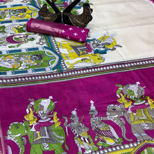 Off White Mangalagiri Patterned Dola Silk Saree Accentuated with Gleaming Zari Borders