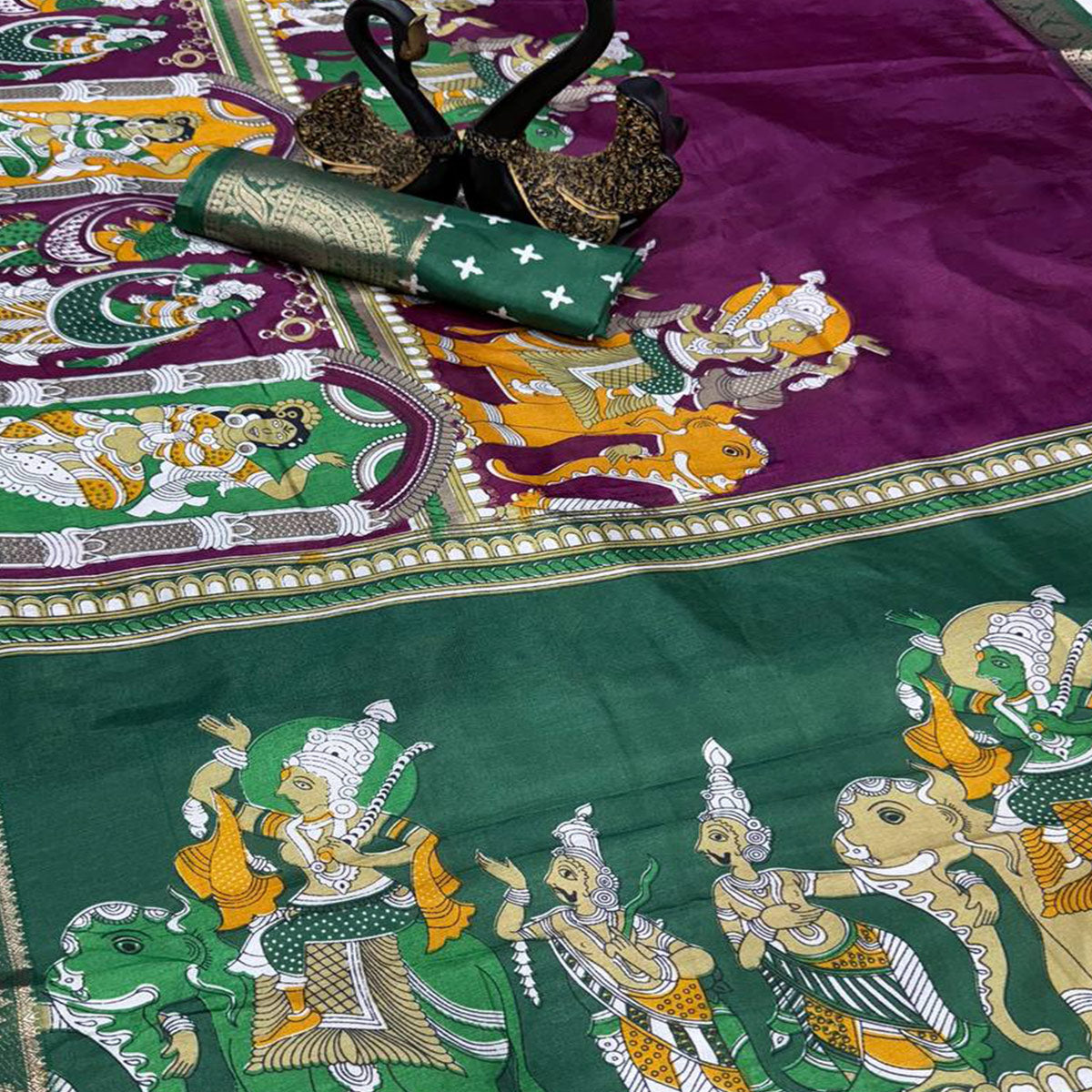 Purple Mangalagiri Patterned Dola Silk Saree Accentuated with Gleaming Zari Borders