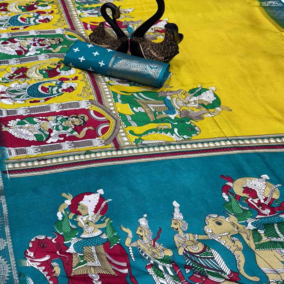 Yellow Mangalagiri Patterned Dola Silk Saree Accentuated with Gleaming Zari Borders