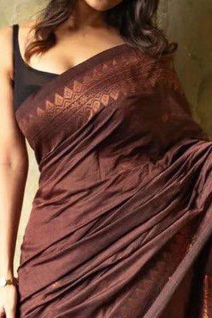 Brown Floral Woven Lichi Banarasi Silk Saree
