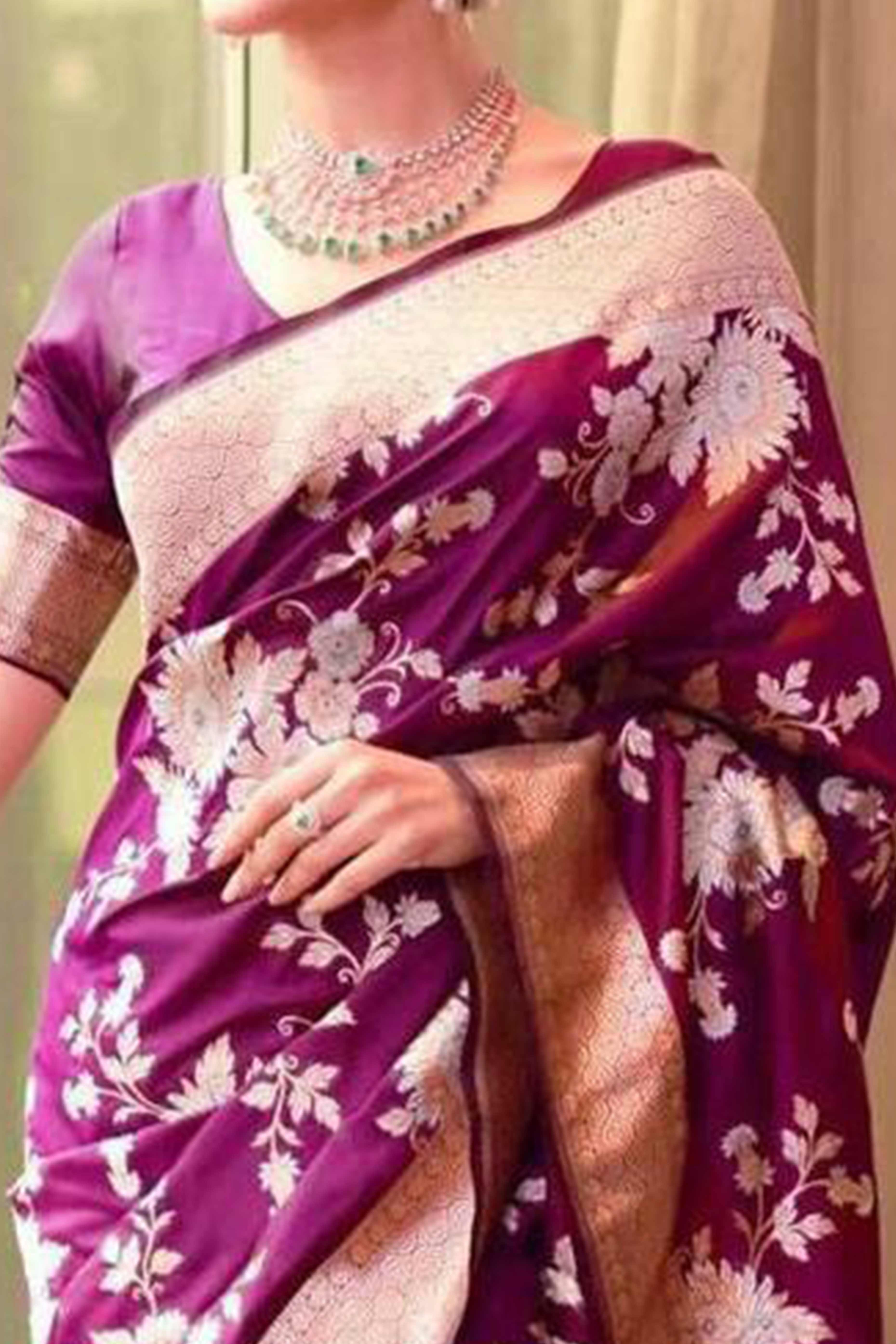 Purple Floral Woven Lichi Banarasi Silk Saree