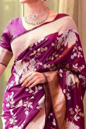 Purple Floral Woven Lichi Banarasi Silk Saree
