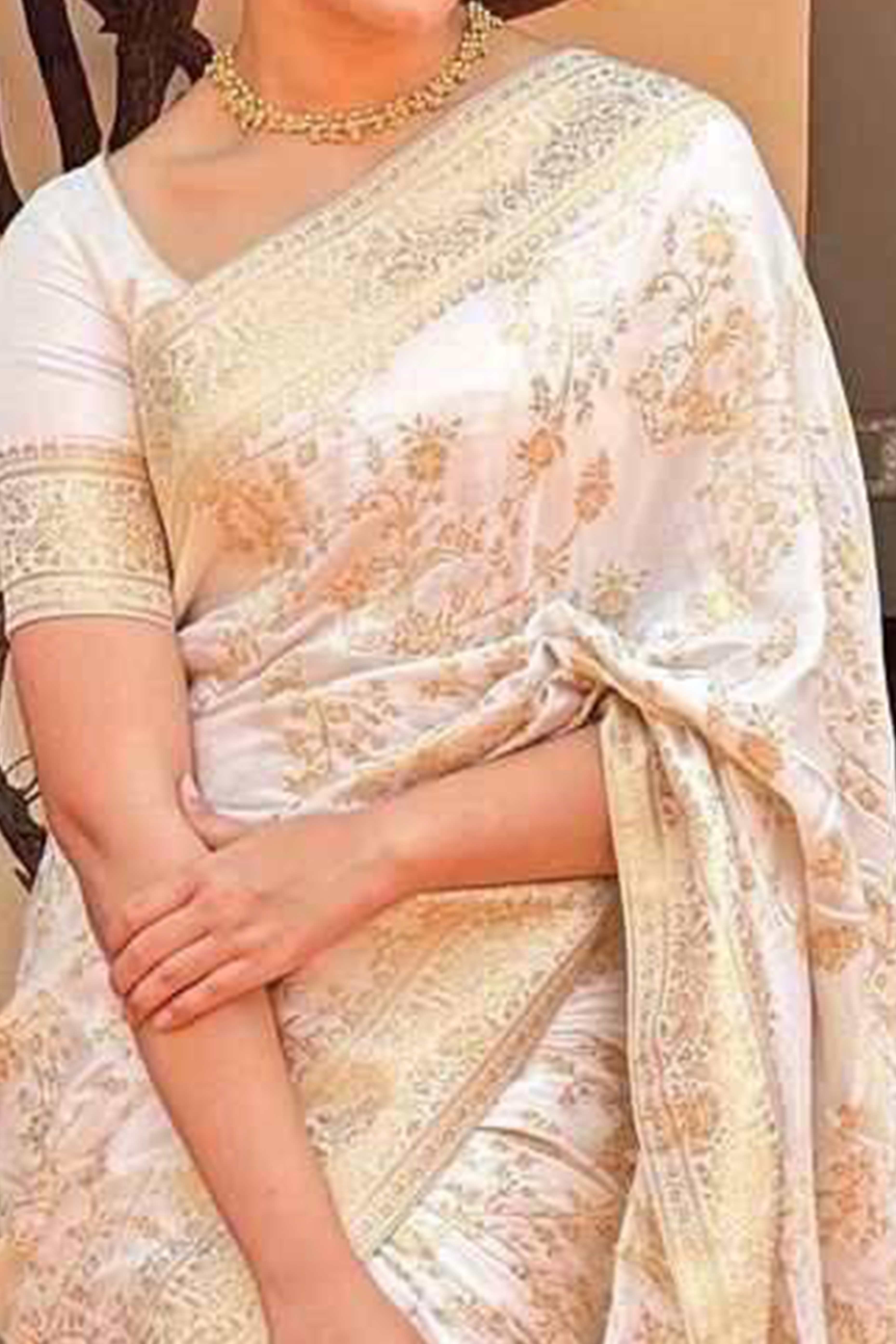 White Floral Woven Lichi Banarasi Silk Saree