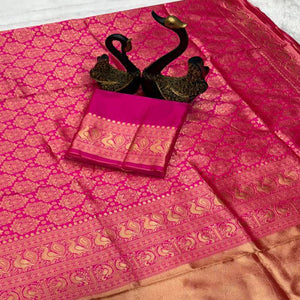 Rani Pink Floral Woven Lichi Banarasi Silk Saree