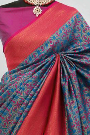 Morpich Blue Zari Woven With Butti Work Banarasi Silk Saree