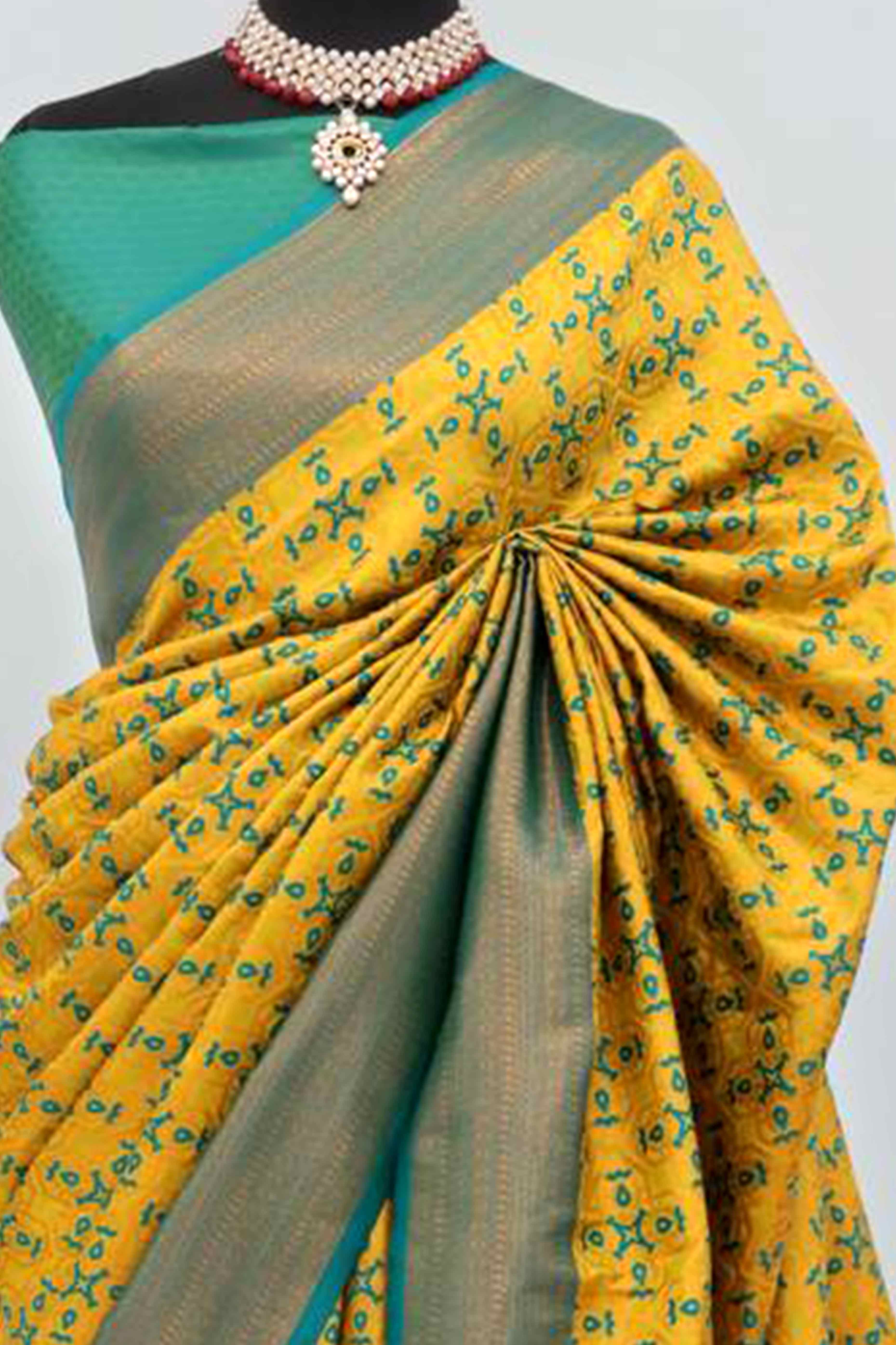 Mustard Zari Woven With Butti Work Banarasi Silk Saree