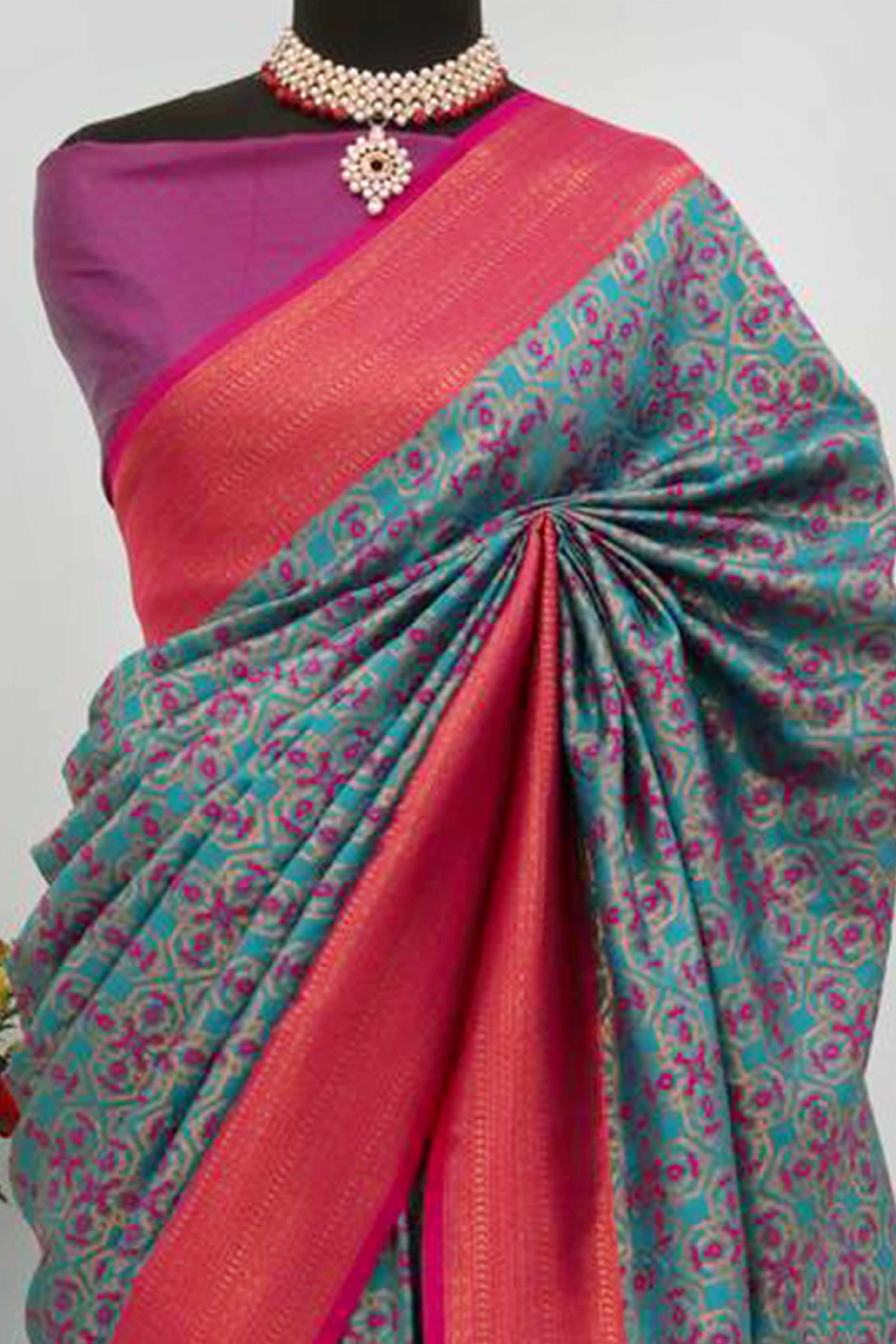 Rama Blue Zari Woven With Butti Work Banarasi Silk Saree