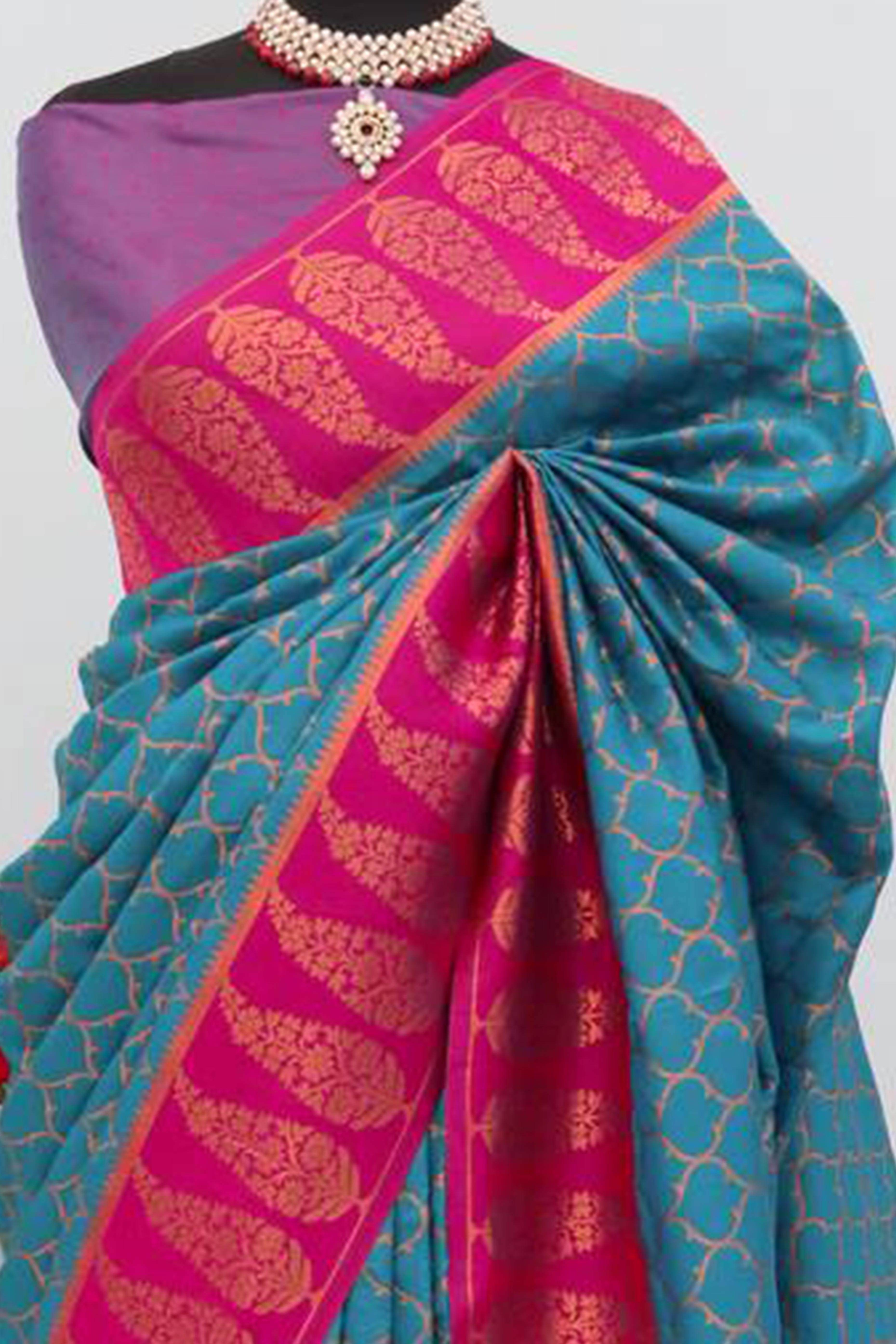 Rama Blue Floral Woven Kanjivaram Silk Saree