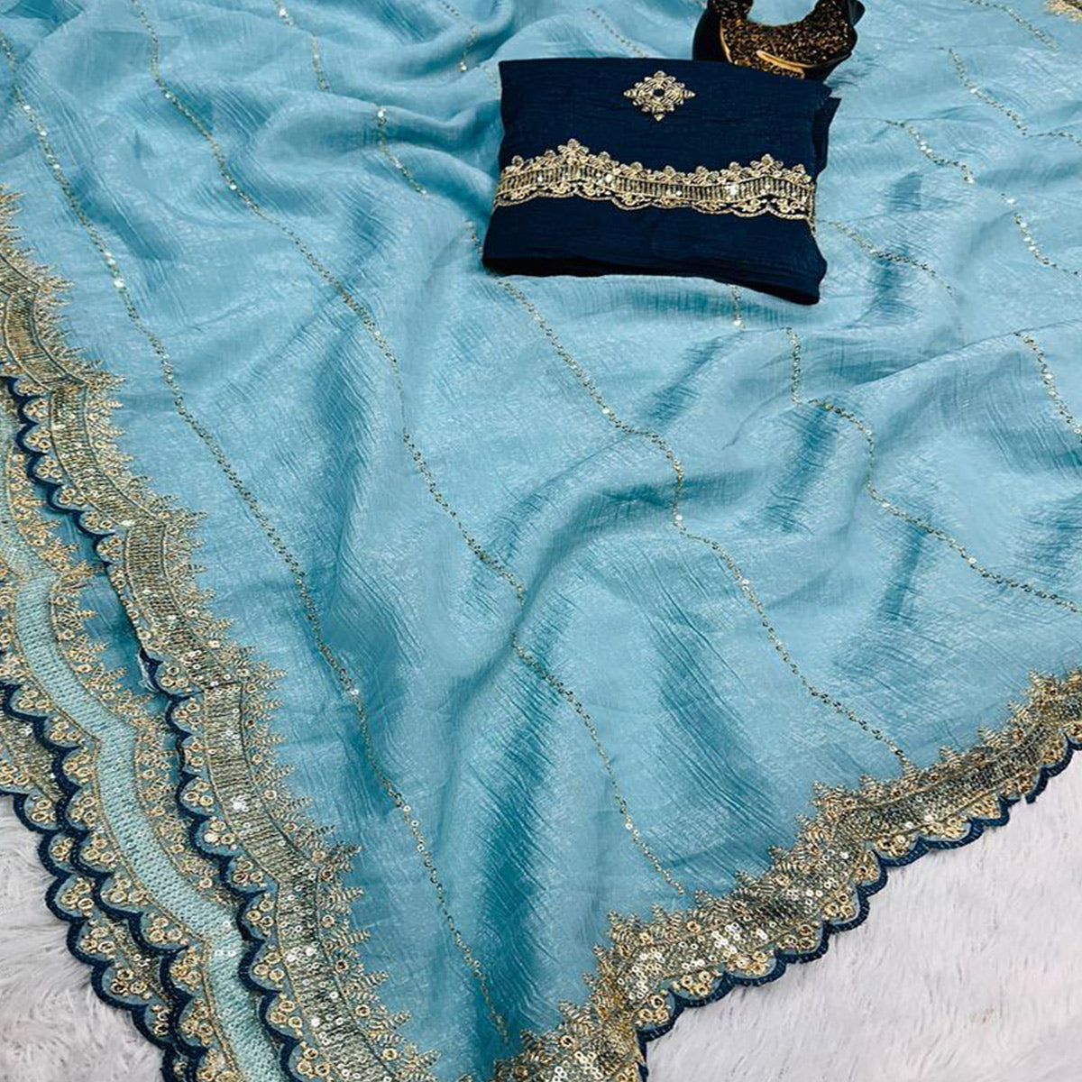 Blue Sequins Embroidered Tussar silk Saree