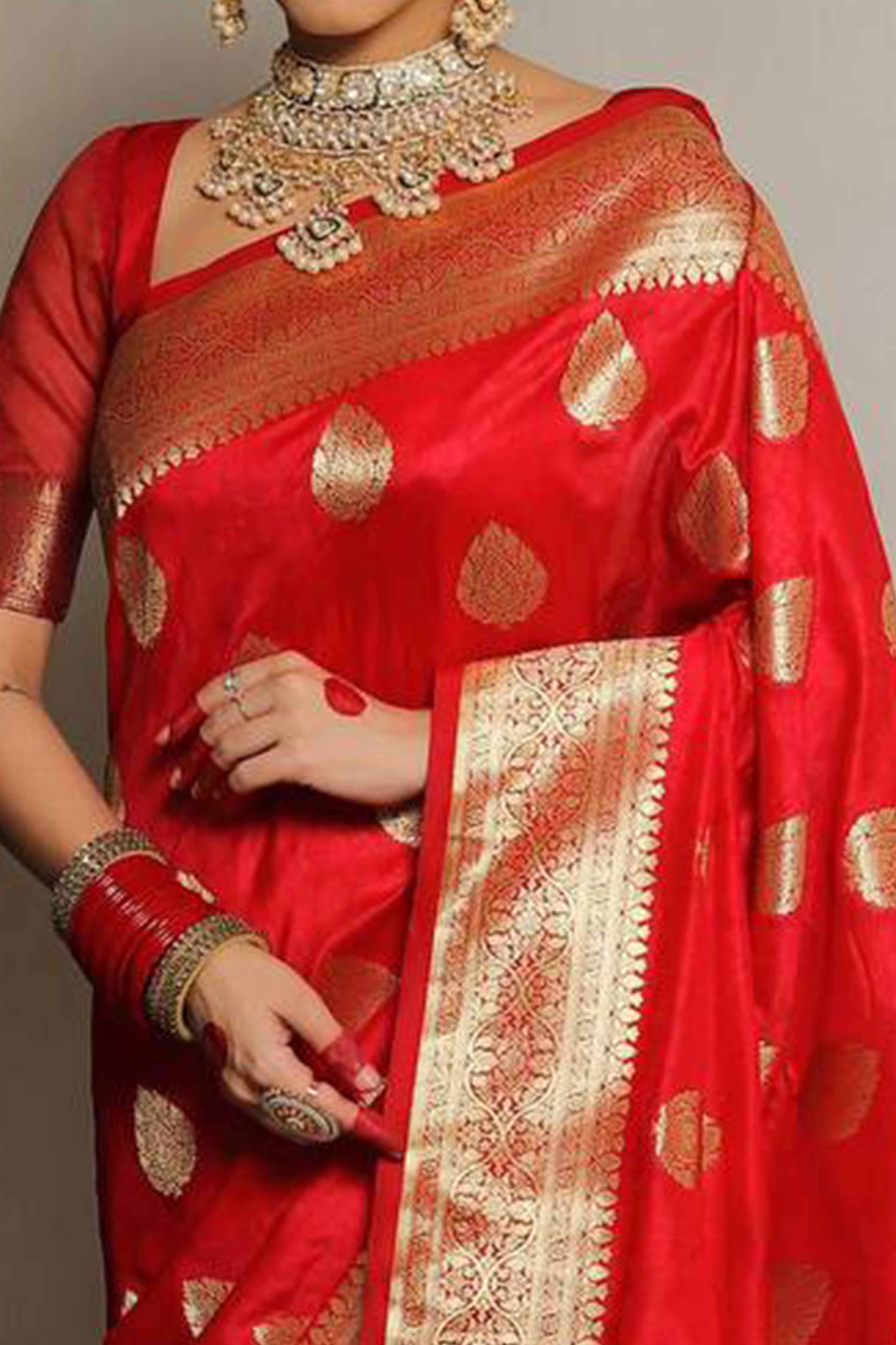 Red Floral Woven Lichi Banarasi Silk Saree