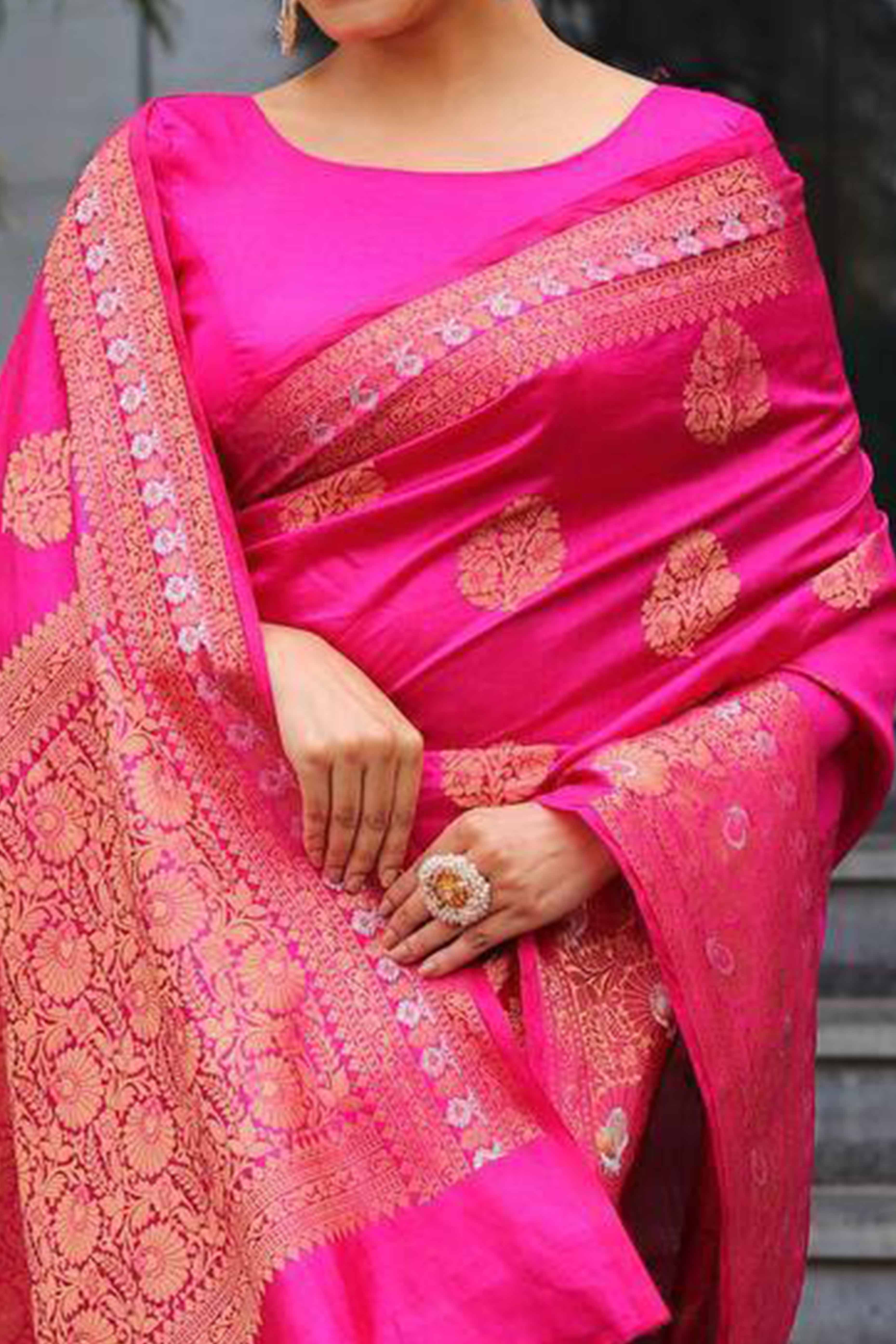 Magenta Floral Woven Banarasi Silk Saree